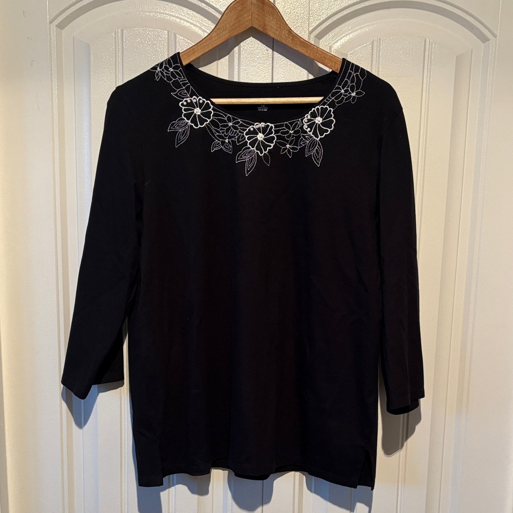 TanJay Black Top with White Floral Embroidery